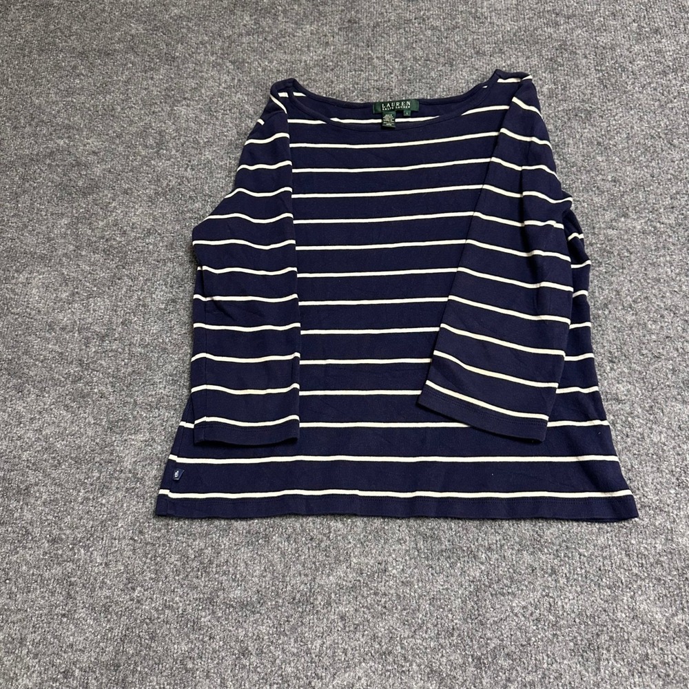 Lauren Ralph Lauren Top Womens Size L Navy Blue Cotton Striped Boat Neck USA